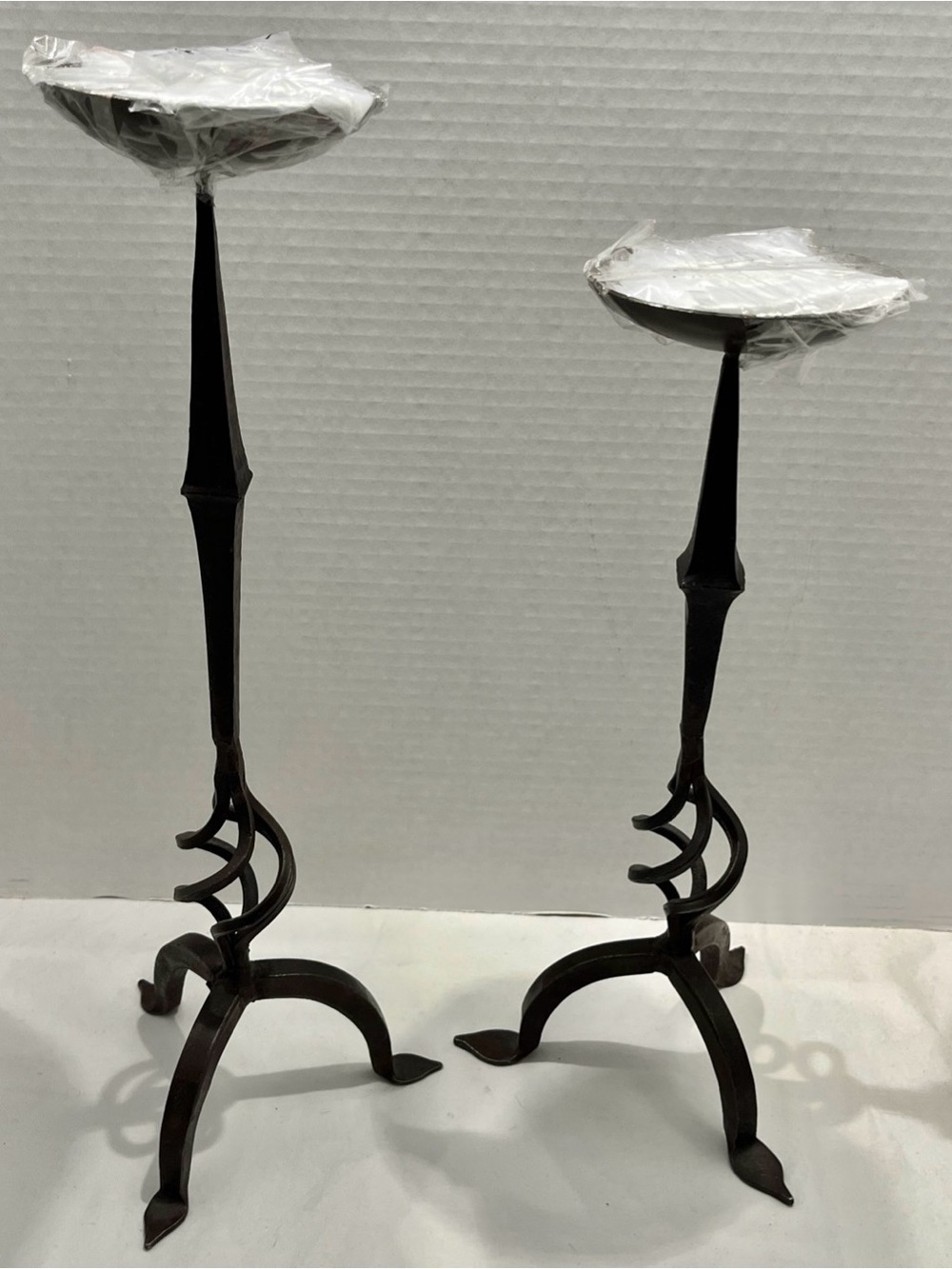 Set (2) Vintage Hand Forged Cast Iron Twisted Pillar Candle Holders